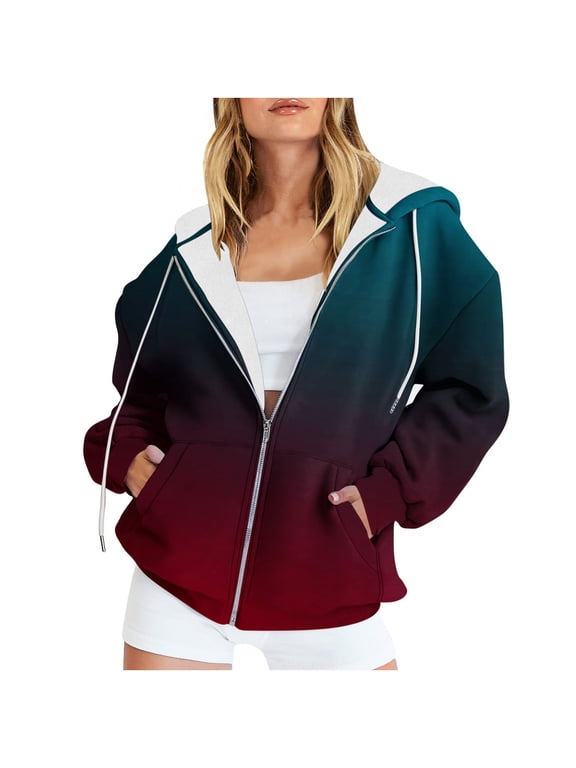 Women's Casual Drawstring Coat Fashion Ombre Tie Dye Jacket Hoodies Fall Long Sleeve Thick Warm Sweatshirt Zip Up Plus Size Y2K for Women Wine,L