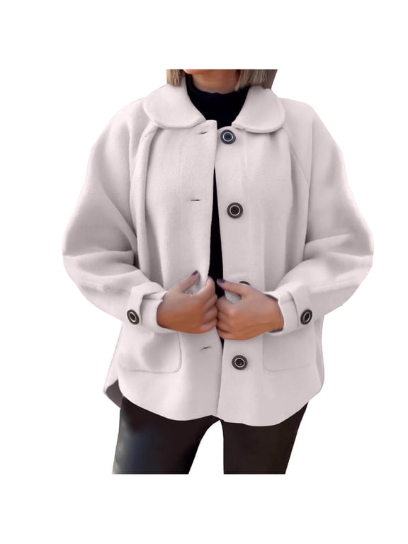 Women's Casual Lapel Single Breasted Solid Color Loose Fit Wool Blend Cropped Pea Coat with Pockets White L
