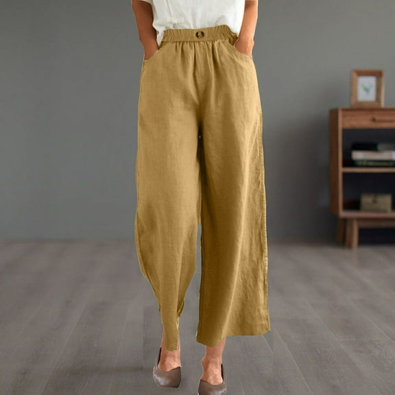 jtjvou Women's Casual Linen Pants Summer Elastic Waist Buttons Pockets Comfortable Lightweight Regular Length Stylish Bottoms for Daily Wear Beach Vacation Yellow XXL