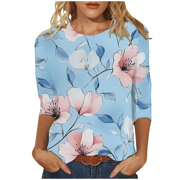 jtjvou Women's Casual Loose 3/4 Sleeve Shirts Trendy Fashion Going out Tops for Teen Round Neck Tees Summer Floral Tuinc Multicolor,L