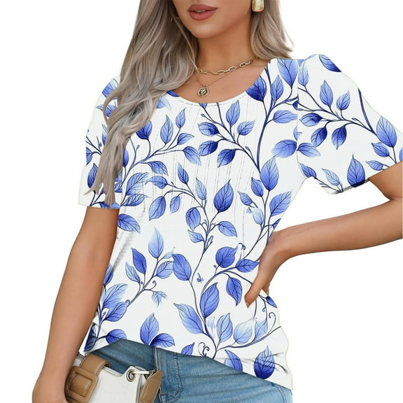 jtjvou Women's Casual Loose Short Sleeve Pullover Lady Round Neck Tuinc Trendy Fashion Floral Tops Going out Tops for Teen Summer Multicolor,M