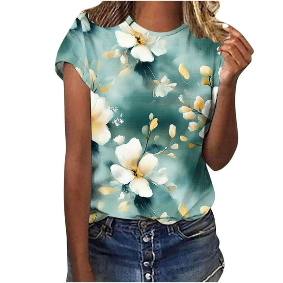 jtjvou Women's Casual Loose Short Sleeve Tees Trendy Fashion Floral Shirts Summer Going out Tops for Teen Round Neck Blouse Multicolor,XXXL