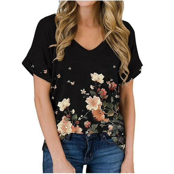 jtjvou Women's Casual Loose Short Sleeve Tops Summer Floral Blouse V-Neck Shirts Lady Trendy Fashion Going out Tops for Teen Multicolor,XXL