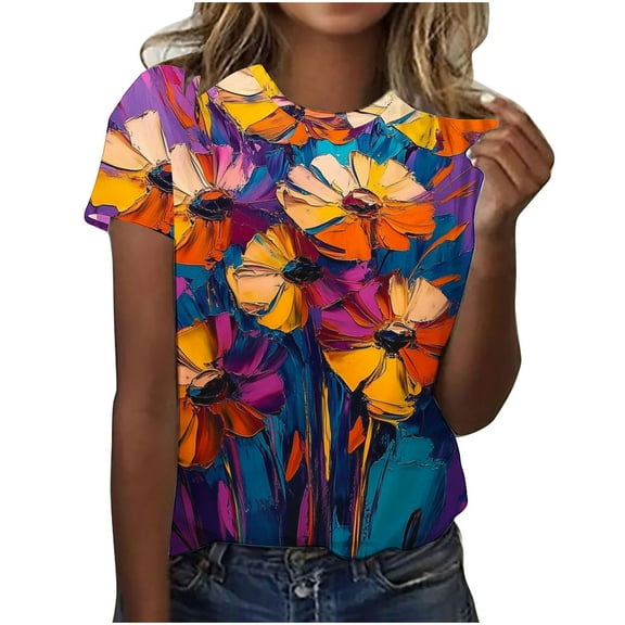 jtjvou Women's Casual Loose Short Sleeve Tuinc Trendy Fashion Crewneck Pullover Lady Summer Floral Pullover Going out Tops for Teen Multicolor,XL