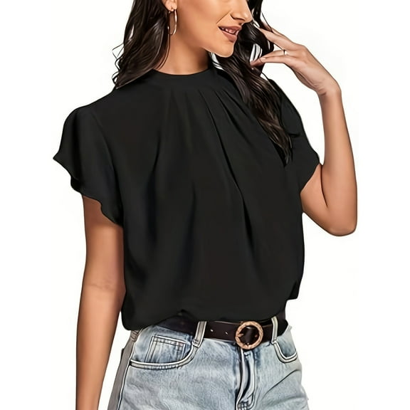 jtjvou Women’s Casual Mock Neck Basic Pleated Wrap Short Sleeve Curved Keyhole Back Blouse Shirt Top Burgundy Black M