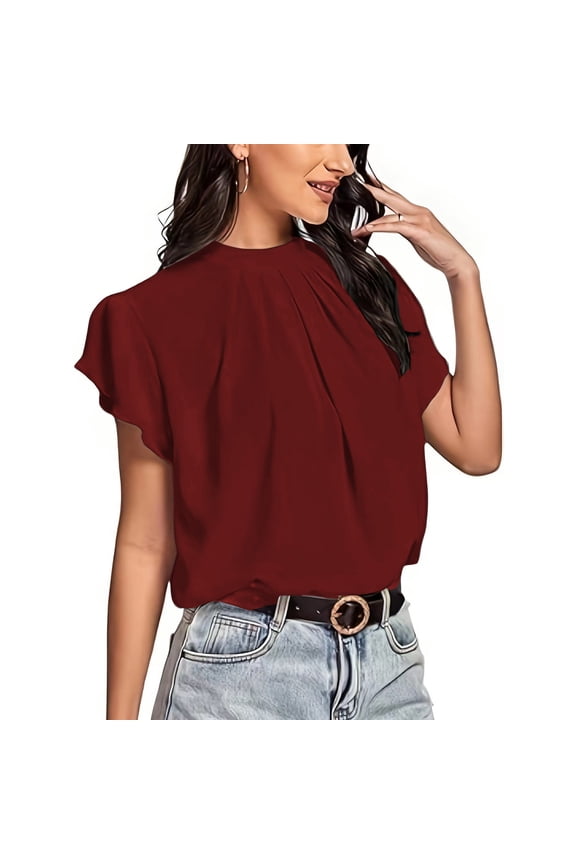 Women’s Casual Mock Neck Basic Pleated Wrap Short Sleeve Curved Keyhole Back Blouse Shirt Top Burgundy Red S