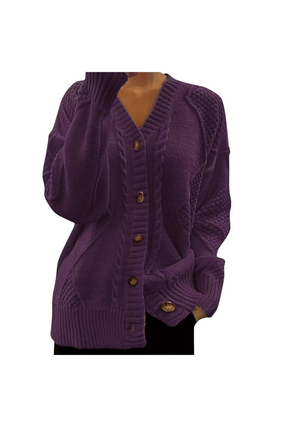 Women's Casual Sweater V Neck Button Down Long Sleeve Pullovers Tops Soft Loose Fit Cozy Solid Knitted Sweaters Purple XXL