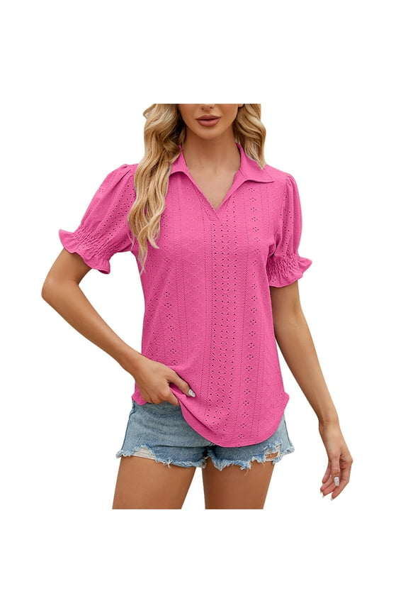 Women's Casual T Shirts Summer Ruffle Puff Short Sleeve Blouses Plain Lapel V Neck Loose Fit Tee Shirt Blouse Tops Pink XXL