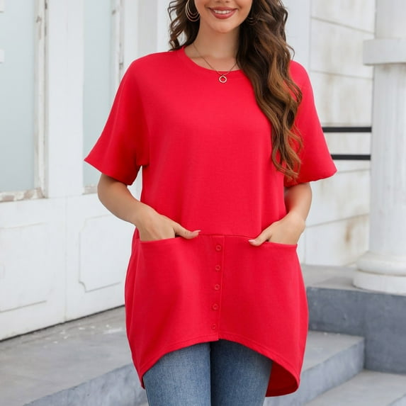 jtjvou Women's Casual Tops with Pockets Short Sleeve Dressy Tunic Tops to Wear with Leggings Swing T-Shirt Loose Fit Blouses Red M