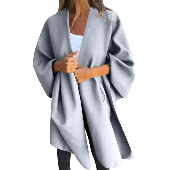 jtjvou Women's Casual V-neck Shawl Jacket Open Front Soft Cloak Solid Lightweight Poncho Cape Fall Winter Warm Shawl Cardigan Gray L