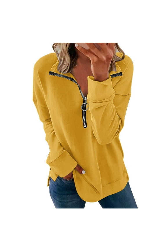 Women's Causal 1/4 Zip Pullover Long Sleeve Collar Sweatshirts Solid Activewear Running Jacket,Yellow,S