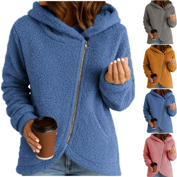 jtjvou Women's Causal Slanted Zip Up Hoodie Jackets Loose Trendy Fuzzy Fleece Zipper Hooded Sweatshirt Coats Blue L