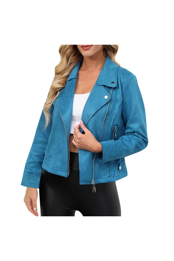 Women's Classic Notched Lapel Asymmetric Zip Motorcycle Faux Suede Leather Jacket Blue M