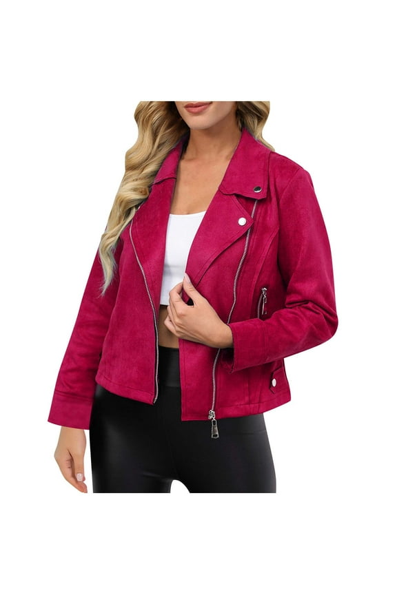 Women's Classic Notched Lapel Asymmetric Zip Motorcycle Faux Suede Leather Jacket Red XXL