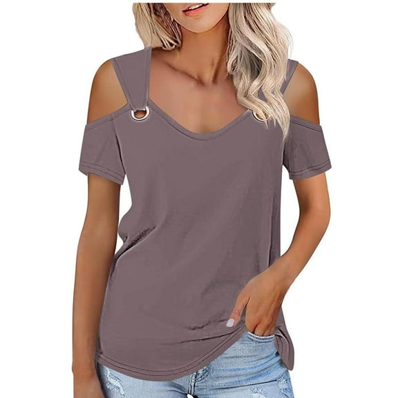 jtjvou Women's Cold Shoulder Tops Short Sleeve V Neck T Shirts Basic Summer Tees Gray XL