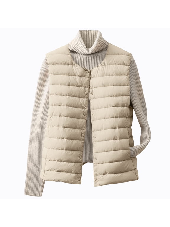 Women's Collarless Down Liner Vest Solid Color Lightweight Sleeveless Down Jacket Crewneck Waistcoat Beige M