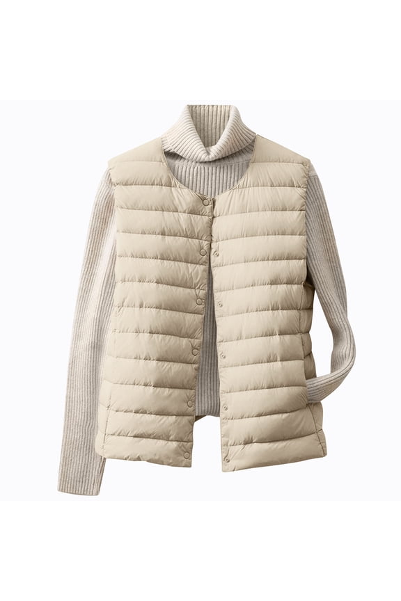 Women's Collarless Down Liner Vest Solid Color Lightweight Sleeveless Down Jacket Crewneck Waistcoat Beige M