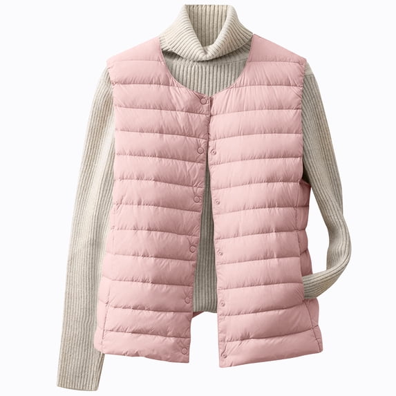 jtjvou Women's Collarless Down Liner Vest Solid Color Lightweight Sleeveless Down Jacket Crewneck Waistcoat Pink XXL