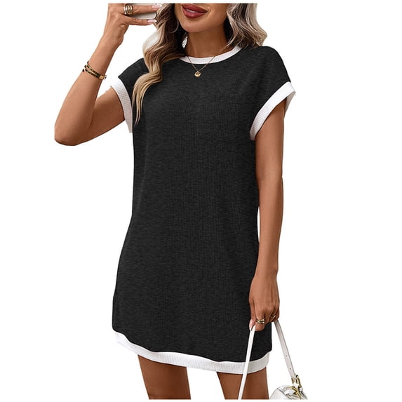 jtjvou Women's Color Block Raglan Sleeves Crewneck Knit Summer Mini Dress Short Sleeve Casual A-Line Straight Short Dresses Black XL