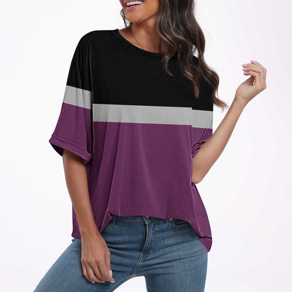 jtjvou Women's Color Block Tunic Tops Casual Long Sleeve Shirts Round Neck Pullover Purple M