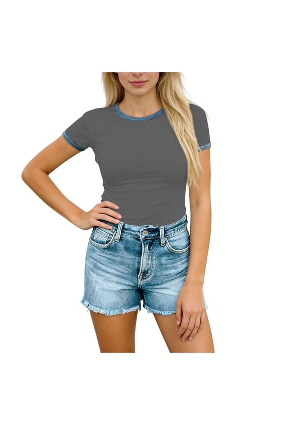 Women's Contrast Trim Ringer T-Shirt Casual Slim Fit Short Sleeve Summer Fashion Crop Tops Gray S