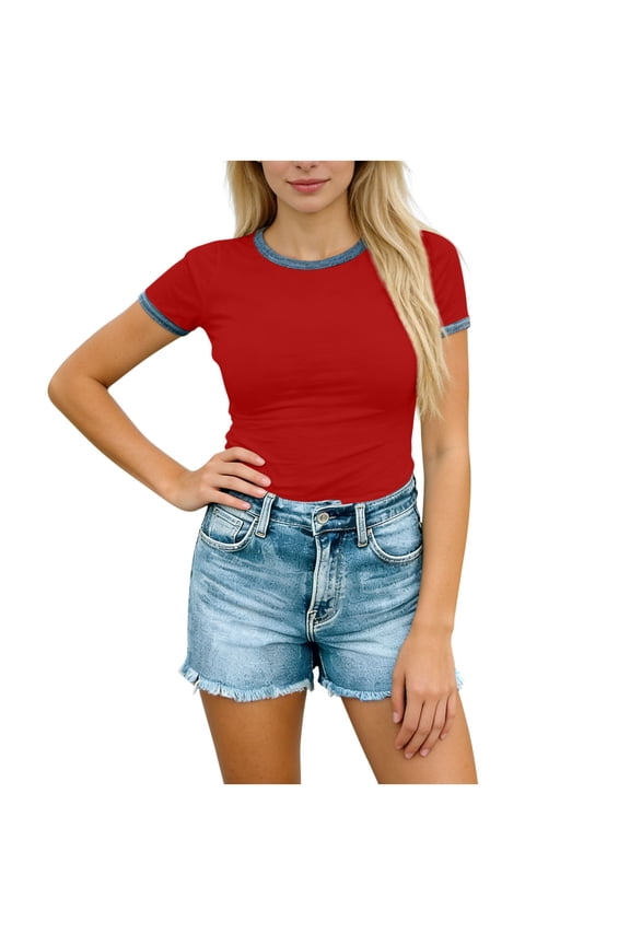 Women's Contrast Trim Ringer T-Shirt Casual Slim Fit Short Sleeve Summer Fashion Crop Tops Red XXL