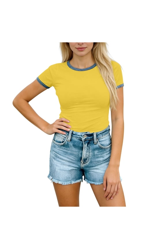 Women's Contrast Trim Ringer T-Shirt Casual Slim Fit Short Sleeve Summer Fashion Crop Tops Yellow S