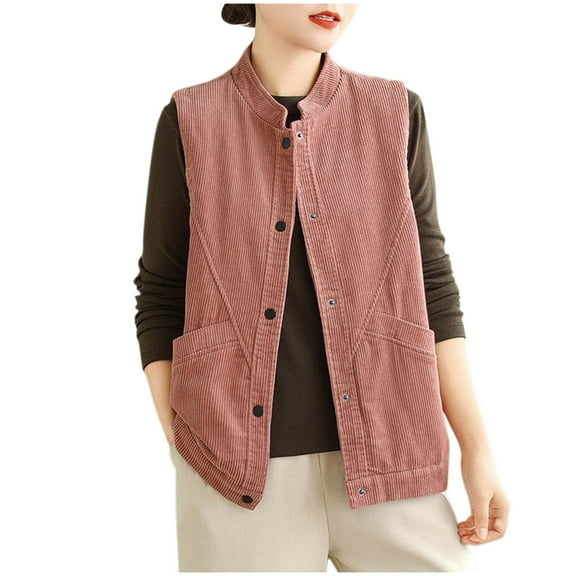 jtjvou Women's Corduroy Outerwear Vest Loose Stand Collar Button Down Casual Sleeveless Jackets Waistcoat with Pockets Pink M