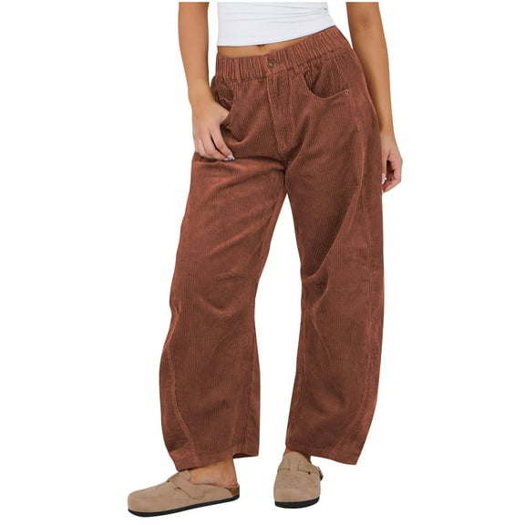 jtjvou Women's Corduroy Pants Barrel Mid-Rise Elastic Waist Cord Pants Casual Wide Leg Baggy Trouser with Pockets Brown S