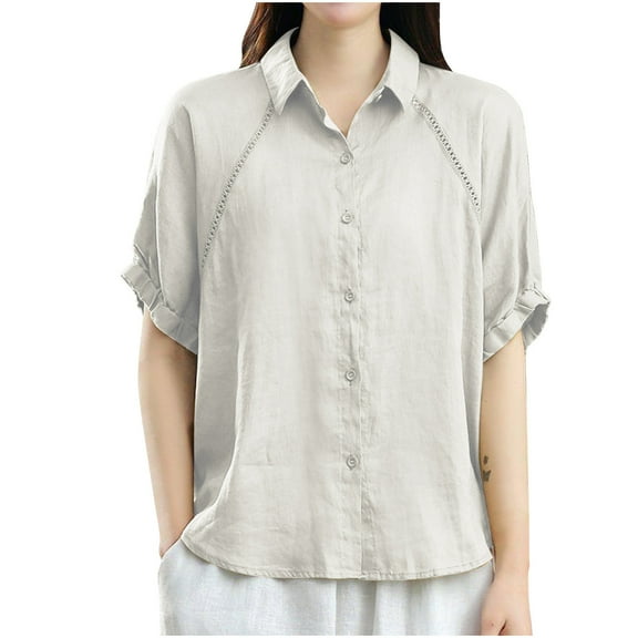 jtjvou Women's Cotton Gauze Shirt Casual Lapel Collared Button Down Blouse Roll Up Short Sleeve Embroidered Tunic Tops White XXL