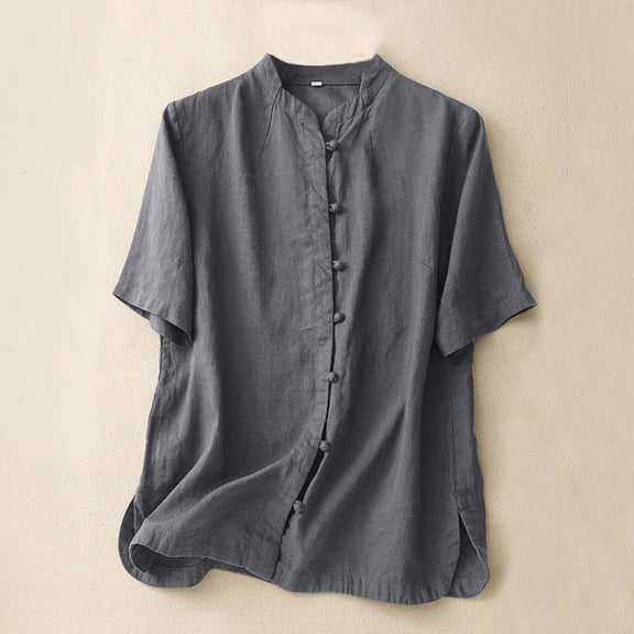 jtjvou Women's Cotton Linen Shirts Summer Short Sleeve Mandarin Collar Chinese Button Down Tops Loose Vintage Blouses Green M