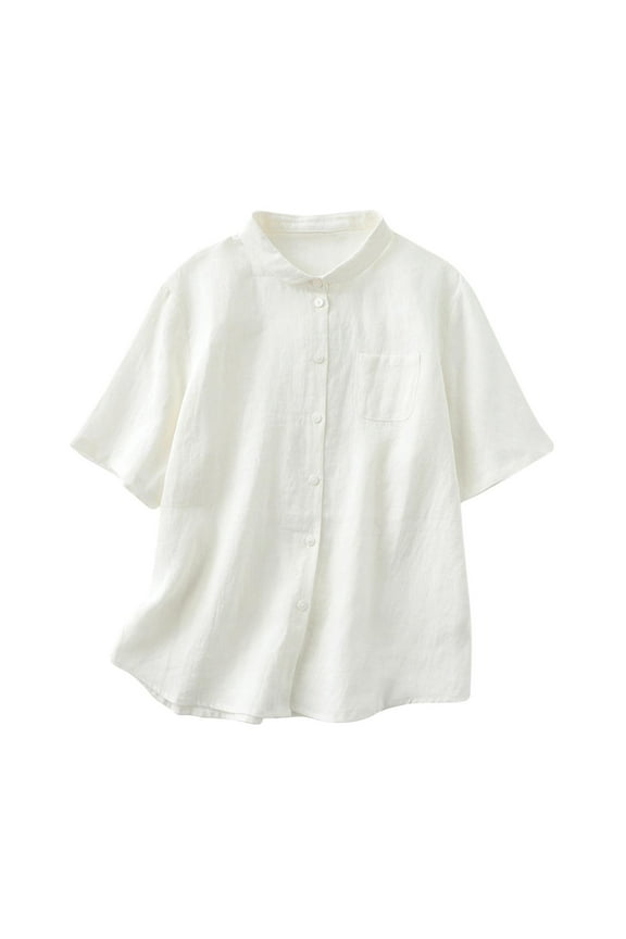 Women's Cotton Linen Shirts Summer Short Sleeve Mandarin Collar Chinese Frog Button Down Tops Loose Vintage Blouses White M