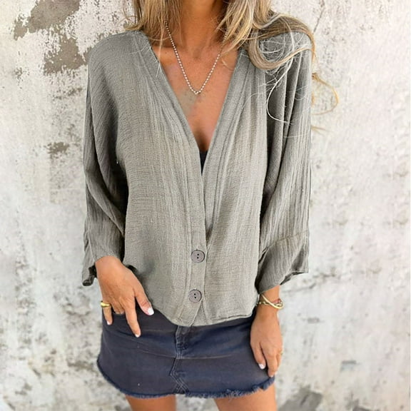 jtjvou Women's Cotton Linen Short Sleeve Cardigan Tops Lightweight Open Front Button Down Shirts Tee Tshirt Summer Outfits Beige M