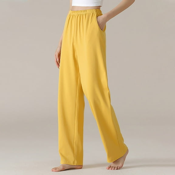 jtjvou Women’s Cotton Pj Pants, Casual Soft Elastic Waist Wide Leg Pajama Bottoms Comfy Lounge Sleepwear with Pockets Yellow M