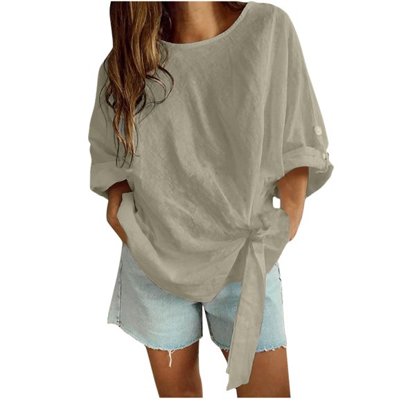 jtjvou Women's Cotton Tops Round Neck Roll up Sleeve Twist Knot T Shirts Trendy Loose Fit Cute Tunic Blouses Gray XXL