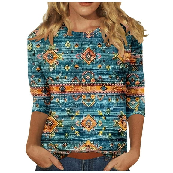 jtjvou Women's Crewneck Blouse Floral Shirts Casual Loose Trendy Fashion Going out Tops for Teen 3/4 Sleeve Tees Summer Multicolor,M