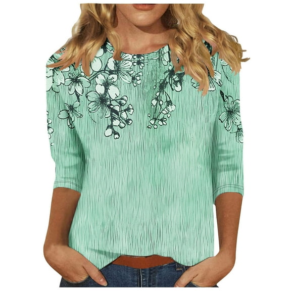 jtjvou Women's Crewneck Blouse Floral Shirts Going out Tops for Teen 3/4 Sleeve Tees Oversize Trendy Fashion Summer Lady Mint Green,XXL