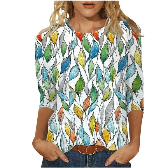 jtjvou Women's Crewneck Blouse Floral Shirts Lady Trendy Fashion Going out Tops for Teen Summer 3/4 Sleeve Tees Oversize Multicolor,XXXXL