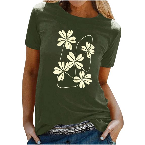 jtjvou Women's Loose Fit Basic T-Shirts Crewneck Blouse Floral Shirts Summer Lady Casual Loose Going out Tops for Teen Short Sleeve Tees Trendy Fashion Army Green,XXXL