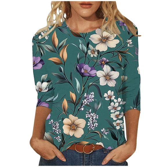 jtjvou Women's Crewneck Blouse Floral Shirts Trendy Fashion Going out Tops for Teen 3/4 Sleeve Tees Summer Oversize Multicolor,M