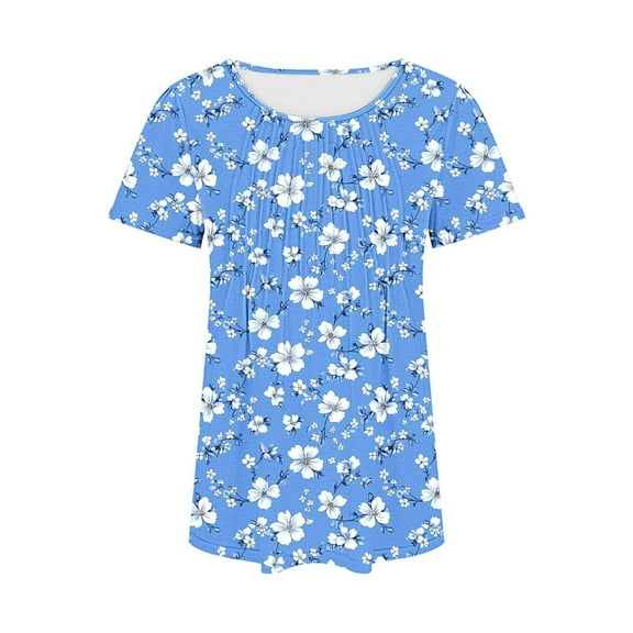 jtjvou Women's Crewneck Blouse Floral Tops Lady Casual Loose Going out Tops for Teen Short Sleeve Pullover Summer Trendy Fashion Sky Blue,L