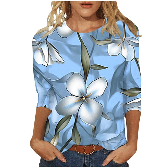 jtjvou Women's Crewneck Pullover Floral Pullover Trendy Fashion Lady Summer Going out Tops for Teen 3/4 Sleeve Tuinc Plus Size Multicolor,M