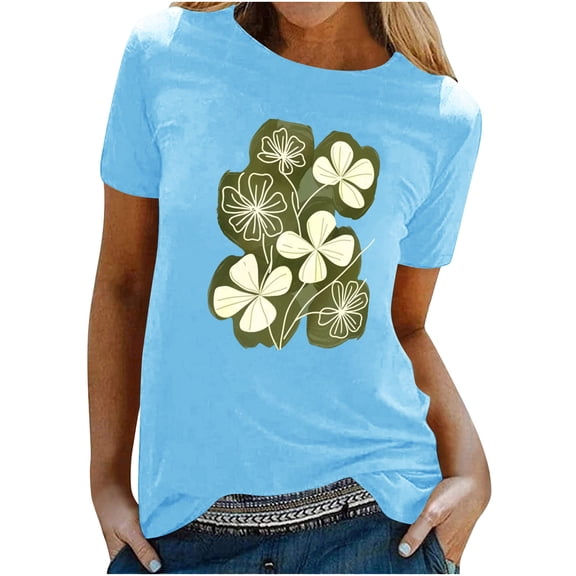 jtjvou Women's Loose Fit Basic T-Shirts Crewneck Pullover Floral Tees Summer Lady Oversize Trendy Fashion Short Sleeve Blouse Going out Tops for Teen Sky Blue,L