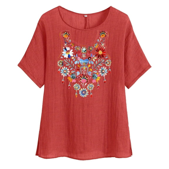 jtjvou Women's Crewneck Shirts Floral Shirts Short Sleeve Tees Trendy Fashion Summer Going out Tops for Teen Plus Size Lady Red,L