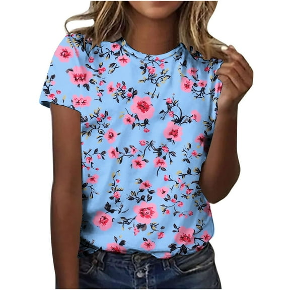 jtjvou Women's Crewneck Shirts Floral Tops Lady Summer Casual Loose Trendy Fashion Short Sleeve Pullover Going out Tops for Teen Multicolor,XL