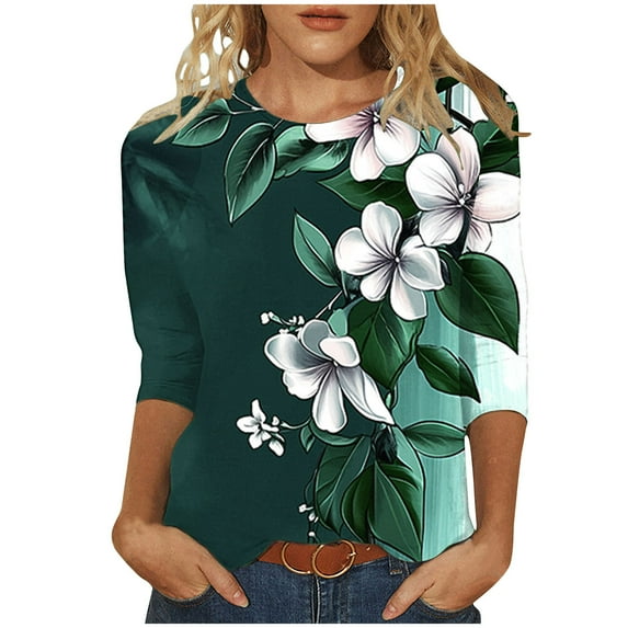 jtjvou Women's Crewneck Tees Floral Print Blouse Trendy Fashion Going out Tops for Teen 3/4 Sleeve Tops Casual Loose Summer Lady Multicolor,M