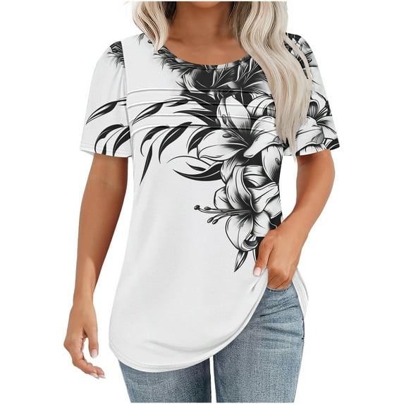 jtjvou Women's Crewneck Tees Floral Pullover Trendy Fashion Summer Lady Short Sleeve Tuinc Oversize Going out Tops for Teen Multicolor,M
