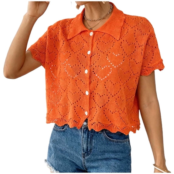 jtjvou Women's Cropped Blouses Heart Graphic Hollow Out Crop Tops Blouse Short Sleeve Button Down Lapel Shirts Cardigan Orange L