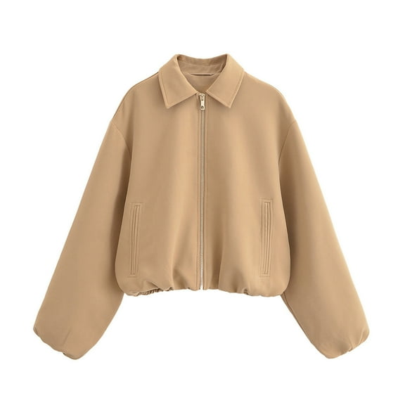 jtjvou Women’s Cropped Bomber Jacket Puffed Sleeves Zip Up Trendy Casual Streetwear Outerwear with Pockets Yellow M