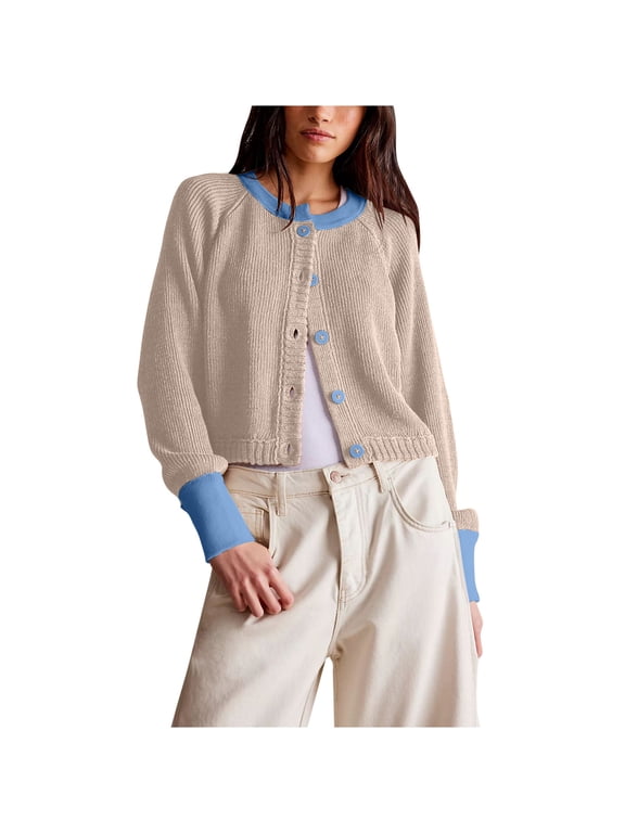 Women's Cropped Cardigan Sweaters Fall Long Sleeve Open Front Cardigans Button Down Color Block Knit Outwear Coats Beige S